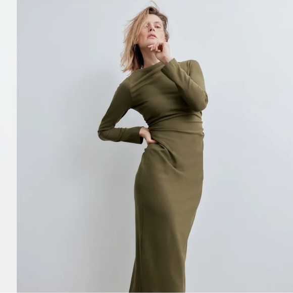 Zara Khaki Fitted Wool Blend Dress With Pleats Asymmetric Neckline - Picture 3 of 4